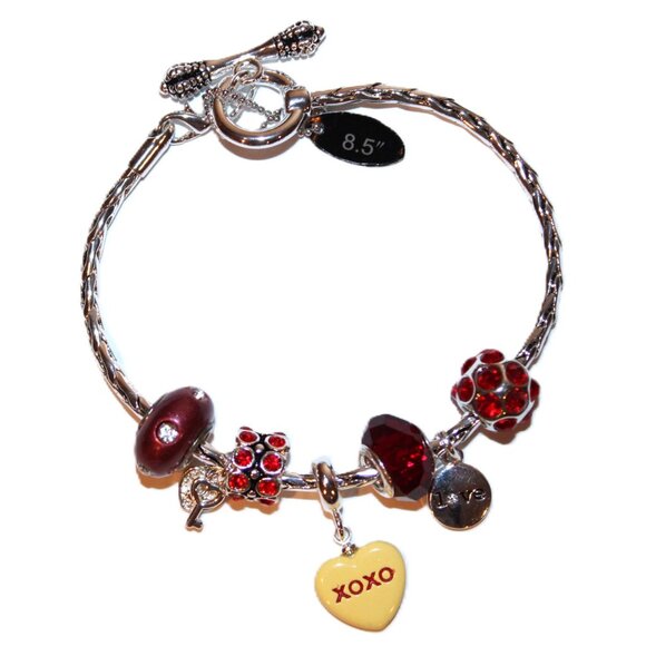 DaVinci Charm Bracelet 8.5" 7 Beads - Valentine's Day XOXO Hearts Love Red CZ - Picture 2 of 3